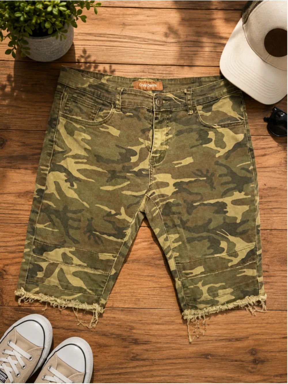 Men's Crysp Denim Camo Jean Shorts Size 34 Green Brown